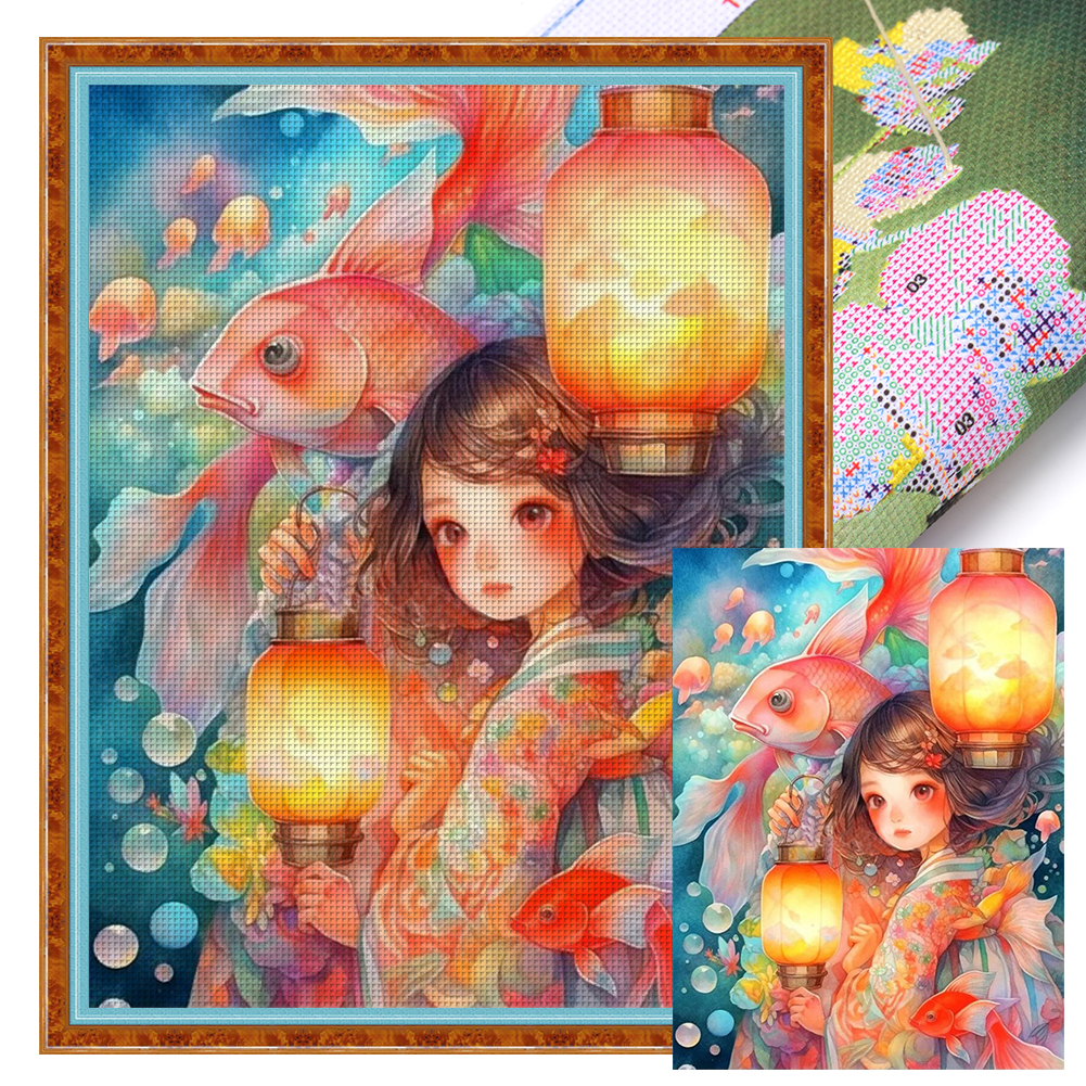 Hilo de bordar de algodón completo, 11CT, Kit de punto de cruz impreso para niña farol, 50x65cm