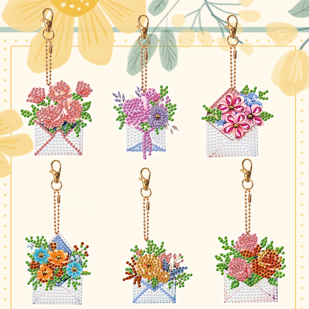 thumbnail image 3 of Llavero con diseño de diamante de 6 uds., sobre, flores, llavero con pintura de diamante de doble cara, 3 of 9