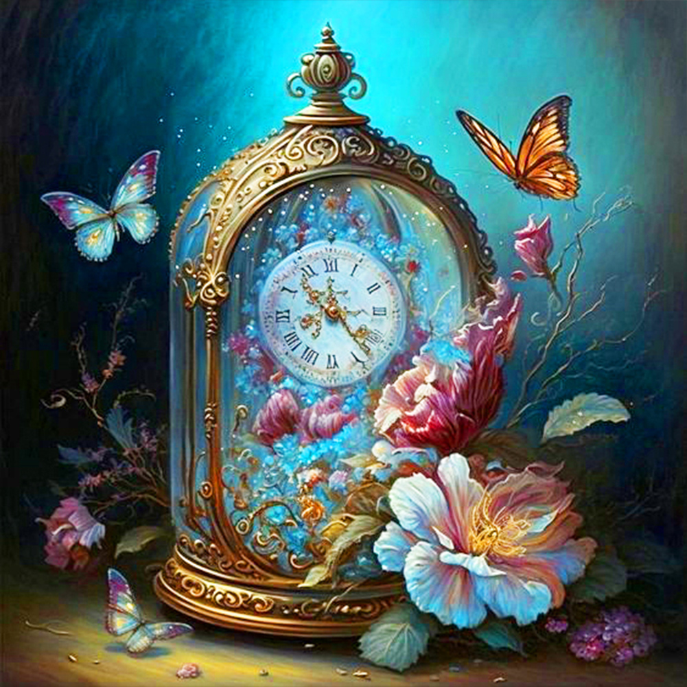 Pintura de diamante 5D DIY, Kit de reloj de mariposa con taladro redondo completo, decoración del hogar, 30x30cm
