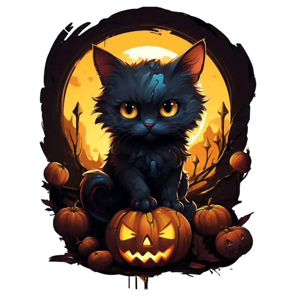 Pintura De Diamante 5D DIY Taladro Redondo Completo Kit De Gato De Halloween Decoración 30x40cm Negro