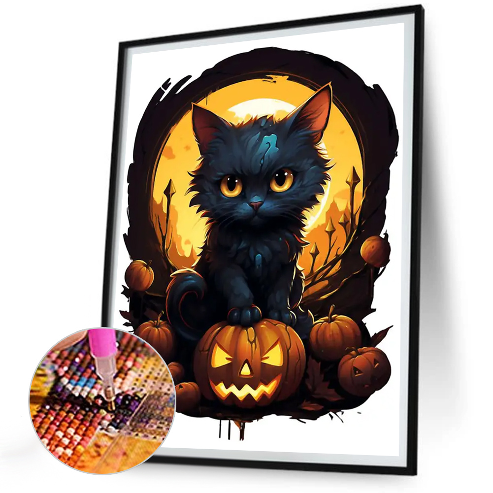 thumbnail image 5 of Pintura De Diamante 5D DIY Taladro Redondo Completo Kit De Gato De Halloween Decoración 30x40cm Negro, 5 of 9