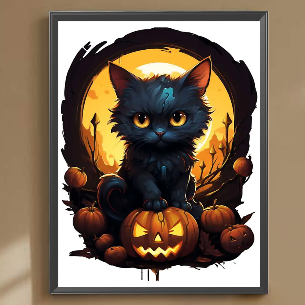 thumbnail image 3 of Pintura De Diamante 5D DIY Taladro Redondo Completo Kit De Gato De Halloween Decoración 30x40cm Negro, 3 of 9