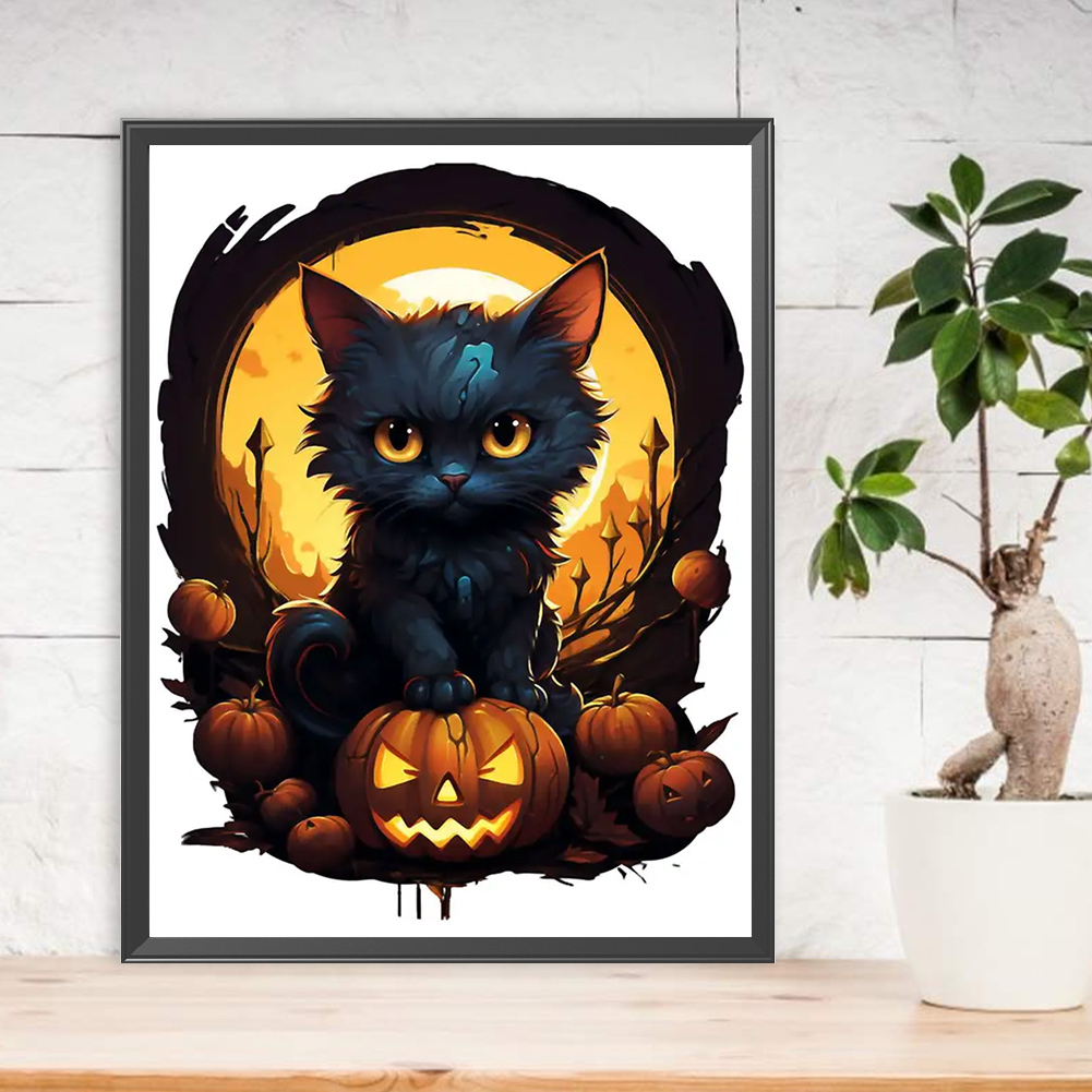 thumbnail image 4 of Pintura De Diamante 5D DIY Taladro Redondo Completo Kit De Gato De Halloween Decoración 30x40cm Negro, 4 of 9
