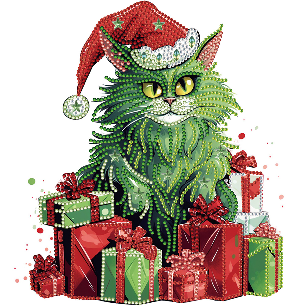 thumbnail image 1 of Pintura de diamante 5D DIY Taladro parcial con forma especial Kit de gato de Navidad 30x30 cm Verde, 1 of 9