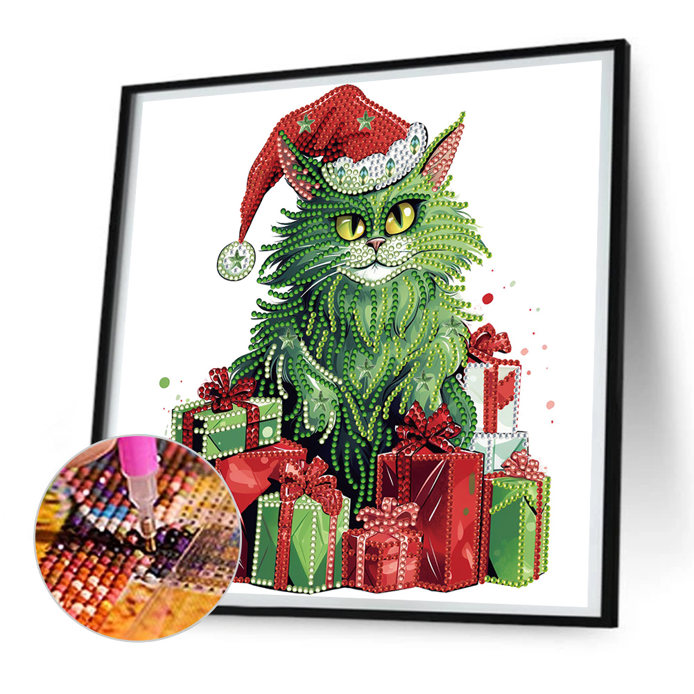 thumbnail image 5 of Pintura de diamante 5D DIY Taladro parcial con forma especial Kit de gato de Navidad 30x30 cm Verde, 5 of 9