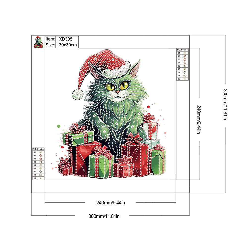 thumbnail image 2 of Pintura de diamante 5D DIY Taladro parcial con forma especial Kit de gato de Navidad 30x30 cm Verde, 2 of 9