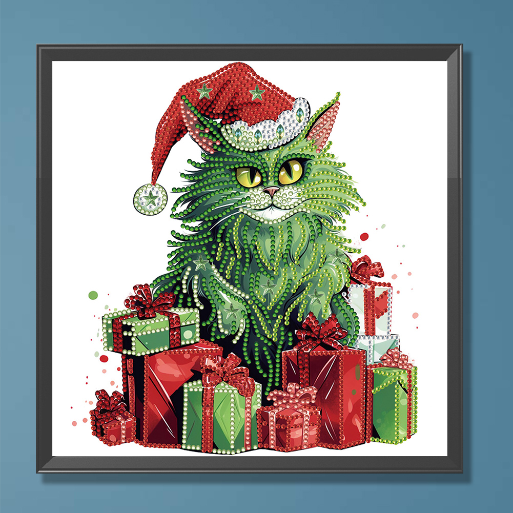 thumbnail image 3 of Pintura de diamante 5D DIY Taladro parcial con forma especial Kit de gato de Navidad 30x30 cm Verde, 3 of 9