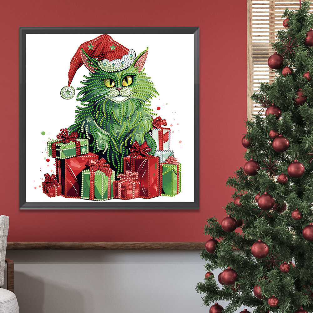 thumbnail image 4 of Pintura de diamante 5D DIY Taladro parcial con forma especial Kit de gato de Navidad 30x30 cm Verde, 4 of 9