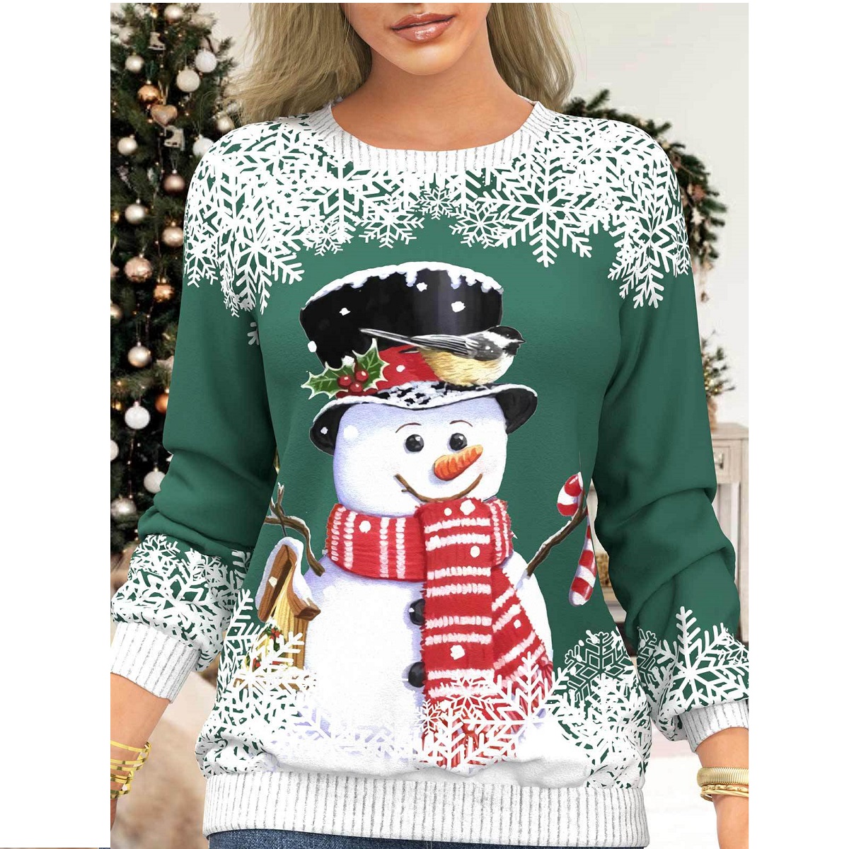 thumbnail image 2 of Sudadera informal para mujer, estilo navideño, estampado de muñeco de nieve, jersey cálido, atuendo diario, 2 of 2