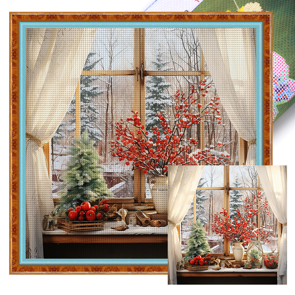 Hilo de bordar de algodón completo, 11CT, ventana impresa, escena de nieve, punto de cruz, 50x50cm
