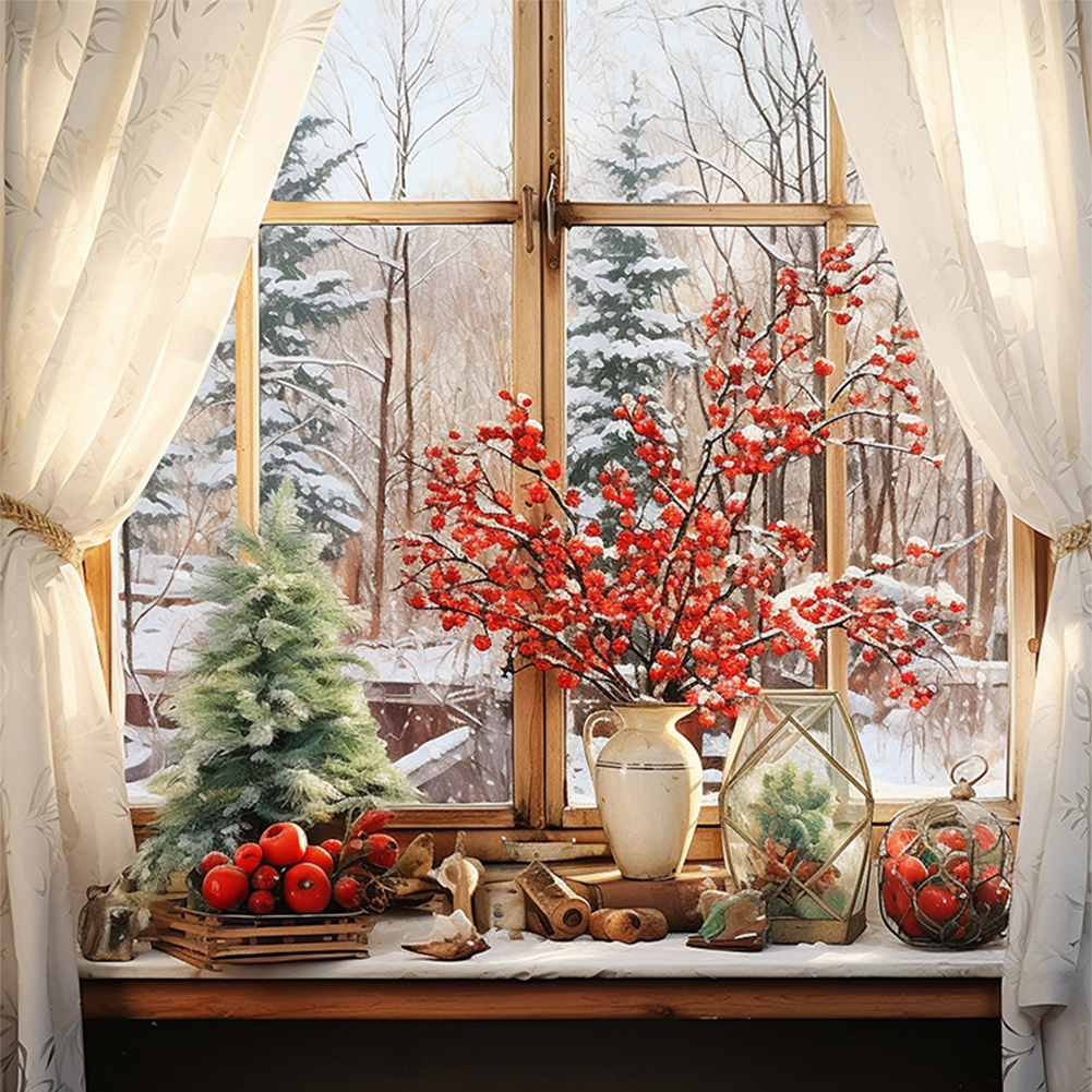 thumbnail image 5 of Hilo de bordar de algodón completo, 11CT, ventana impresa, escena de nieve, punto de cruz, 50x50cm, 5 of 9