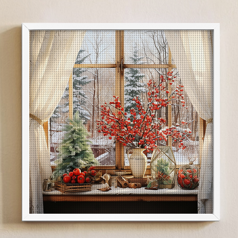 thumbnail image 4 of Hilo de bordar de algodón completo, 11CT, ventana impresa, escena de nieve, punto de cruz, 50x50cm, 4 of 9