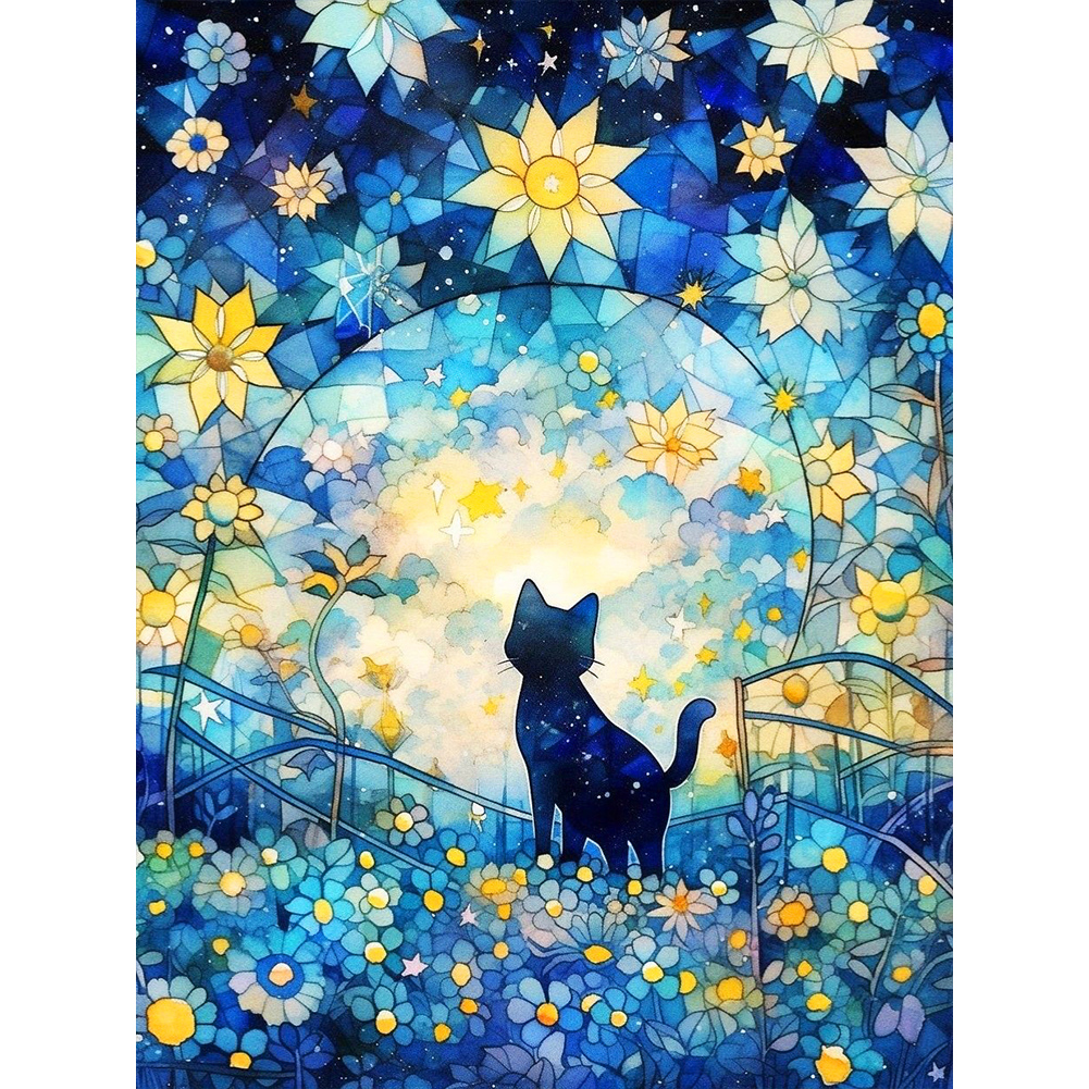 Pintura de diamante 5D DIY Wdftyju taladro redondo completo 30x40cm estrellas y gatos decoración del hogar