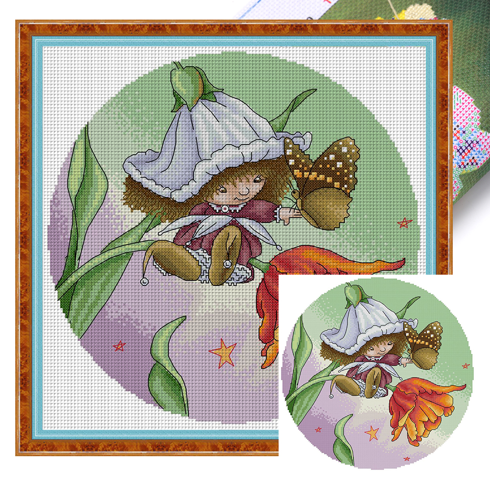 thumbnail image 1 of Kit de punto de cruz con estampado de Hada de las flores, hilo de algodón ecológico bordado de 14CT, 1 of 9